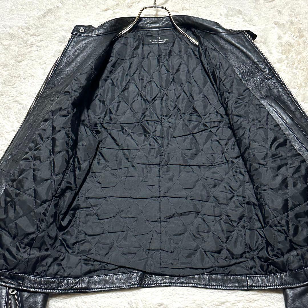 美品 希少L ナノユニバース ラムレザー シングルライダースジャケット 羊革 黒