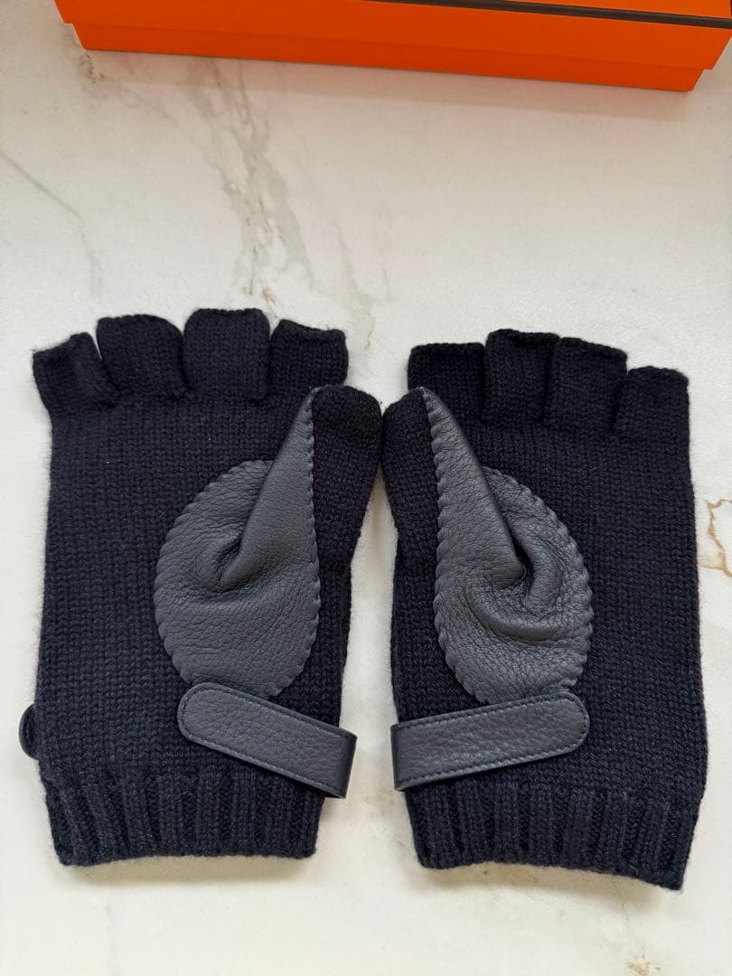 HERMES ダークネイビー 指なしグローブ カシミア×レザーLsize箱付