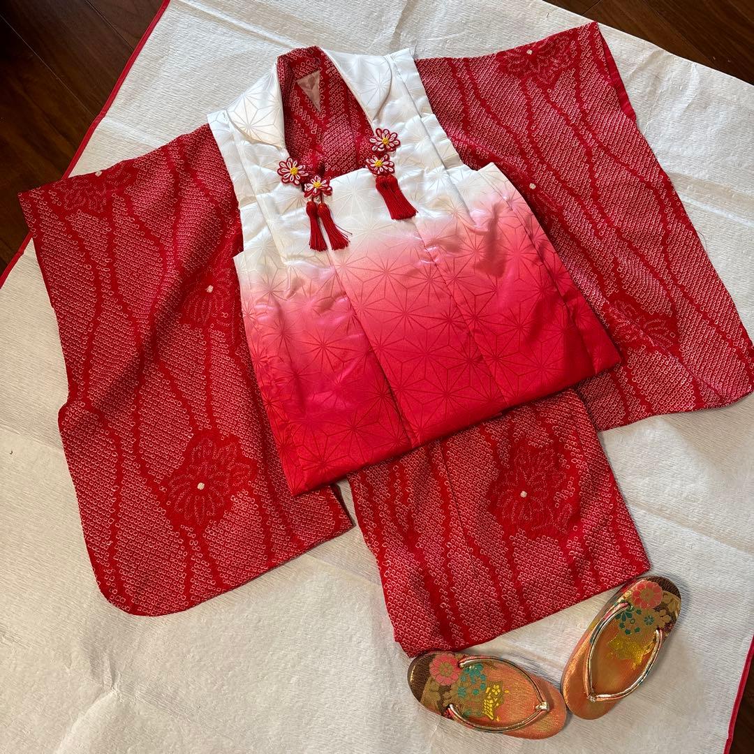 七五三　三歳　正絹総絞り着物 被布、草履セット