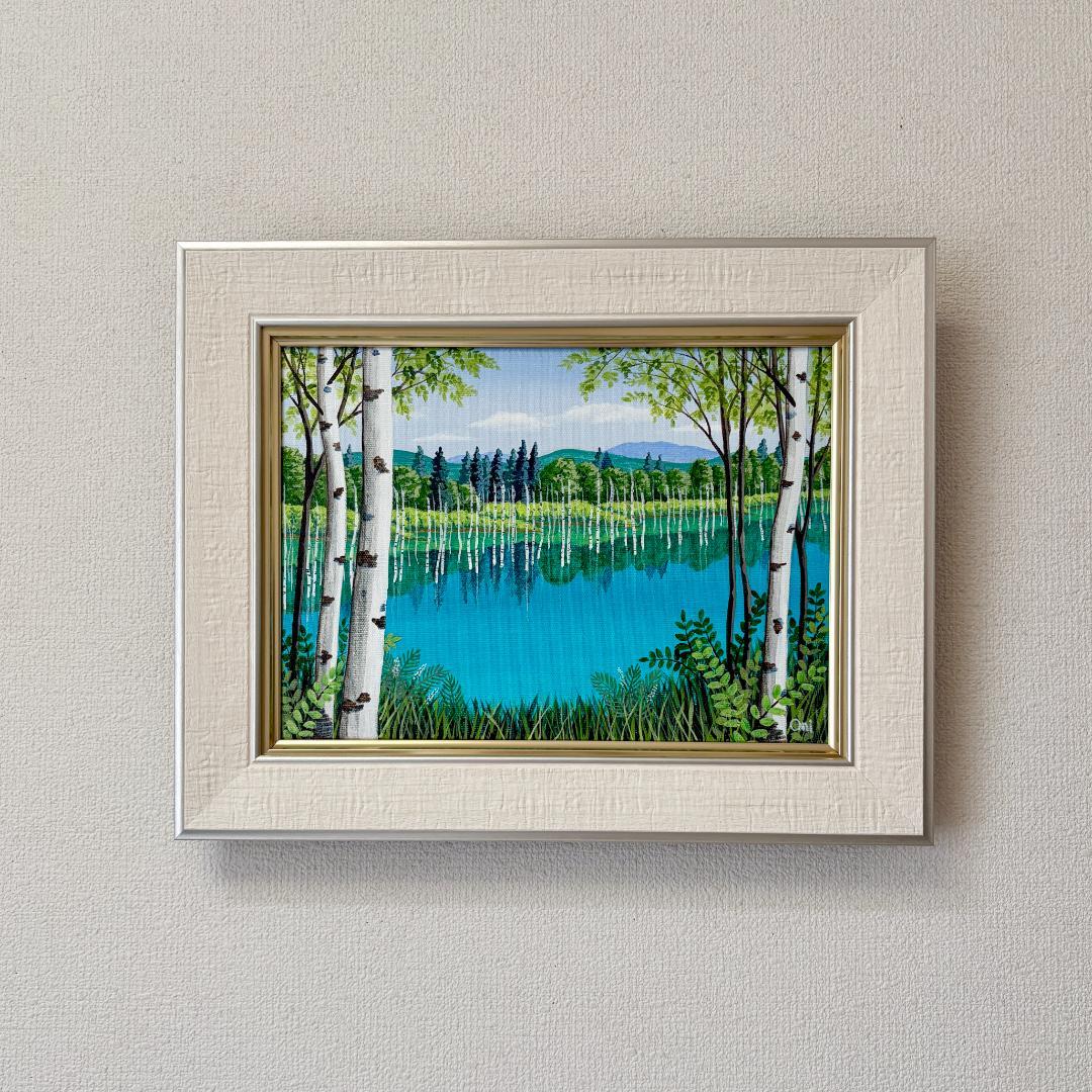 アクリル画　原画　「美瑛・青い池07」額縁付き　F4サイズ　風景画