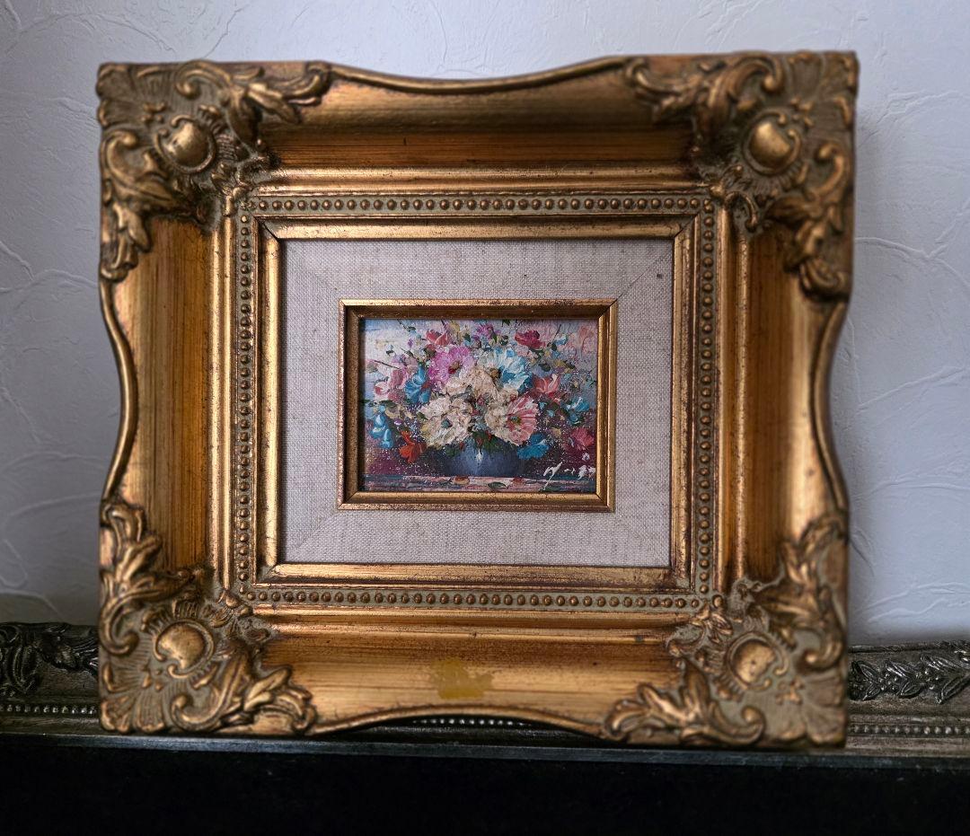 アンティーク　油絵　花束の油彩画 金色フレーム