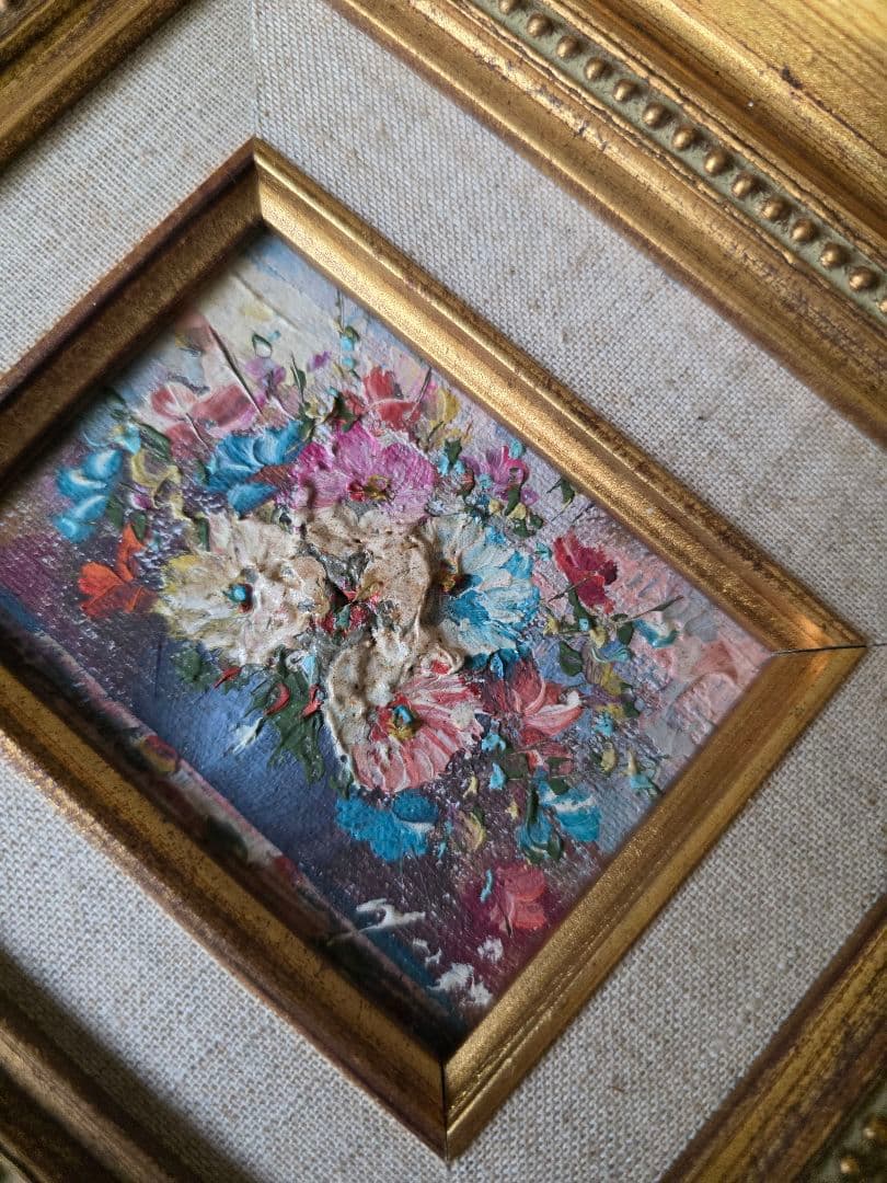 アンティーク　油絵　花束の油彩画 金色フレーム