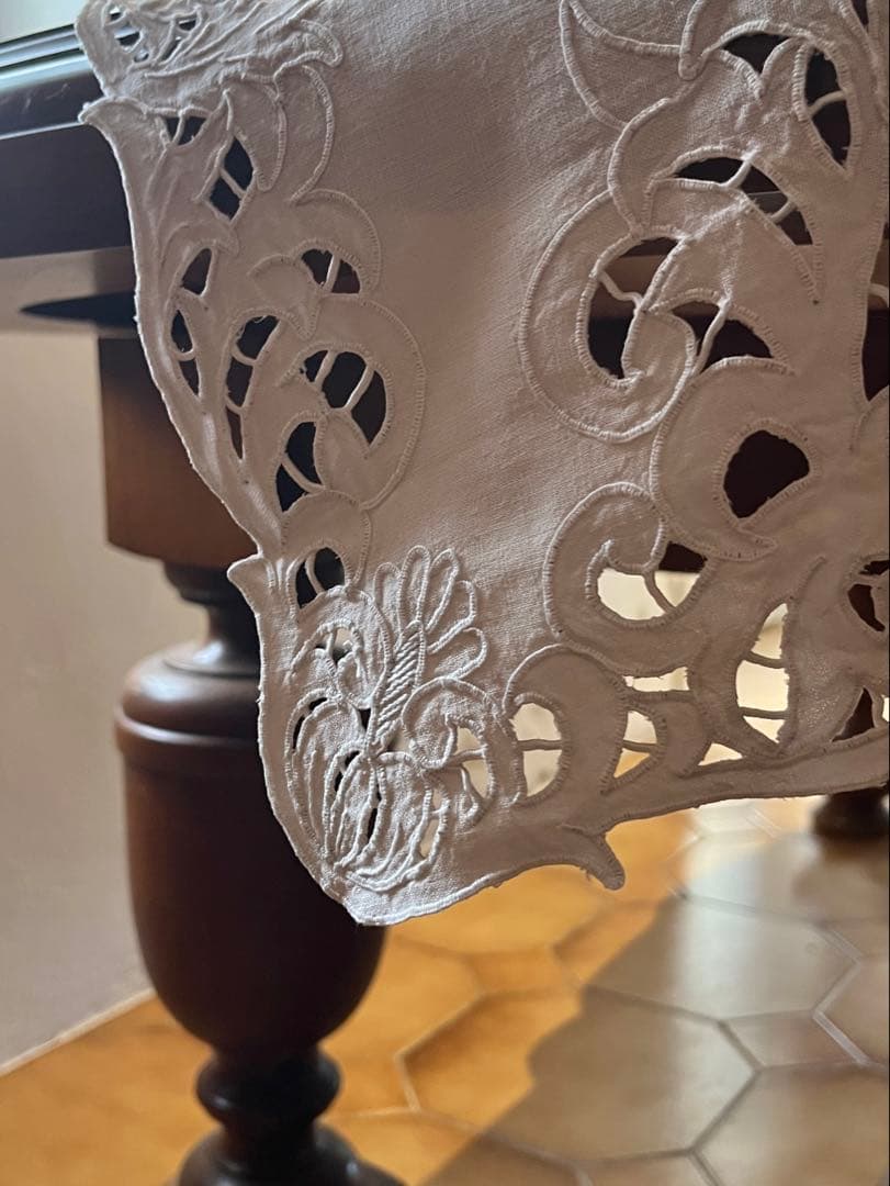 ◆フランスアンティーク｜希少・未使用の手刺繍センタークロス、レース長方形、ロング