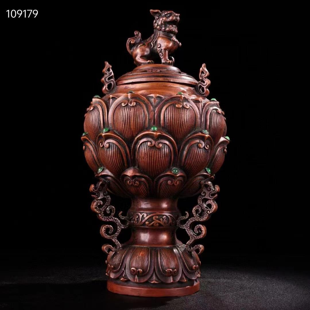 中国古美術・全銅・純手作り、宝石をはめ込み・獅子蓋香爐・熏香爐・置物・文房具