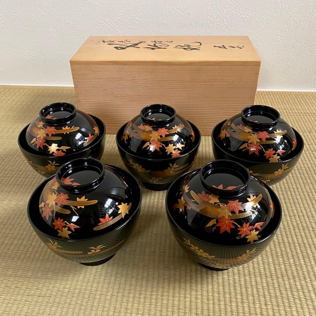 未使用 輪島塗 慶塚作【霞春秋蒔絵 蓋付吸物椀5客】天然木 漆塗 金蒔絵 共箱