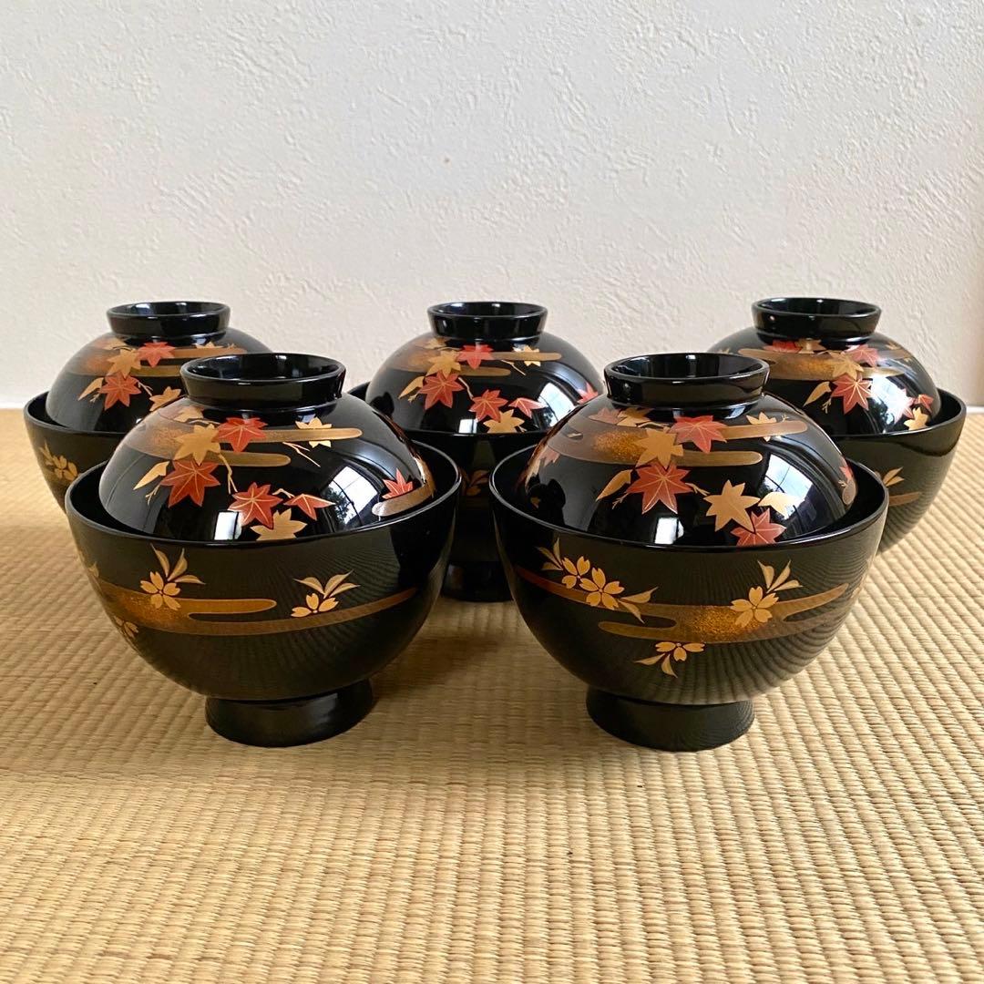 未使用 輪島塗 慶塚作【霞春秋蒔絵 蓋付吸物椀5客】天然木 漆塗 金蒔絵 共箱