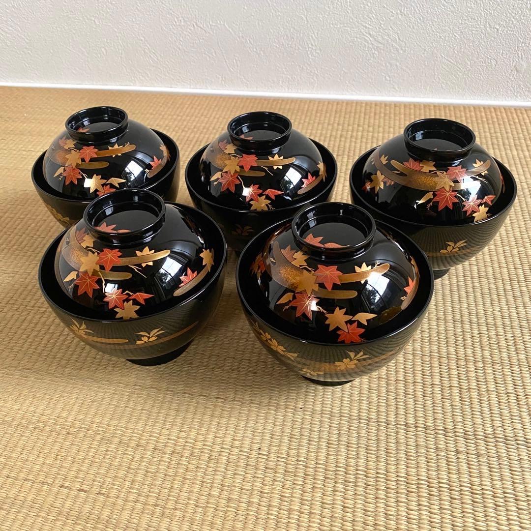 未使用 輪島塗 慶塚作【霞春秋蒔絵 蓋付吸物椀5客】天然木 漆塗 金蒔絵 共箱