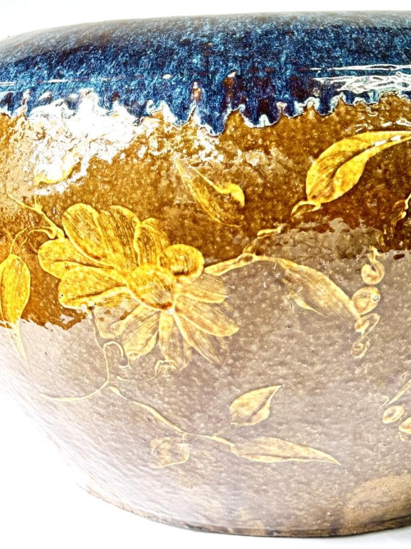 清時代 乾隆・嘉慶年間葛明祥造特注品 海鼠釉黄釉花鳥文火鉢 特大WWTT152