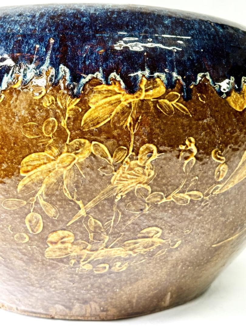 清時代 乾隆・嘉慶年間葛明祥造特注品 海鼠釉黄釉花鳥文火鉢 特大WWTT152