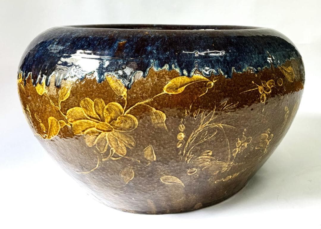 清時代 乾隆・嘉慶年間葛明祥造特注品 海鼠釉黄釉花鳥文火鉢 特大WWTT152