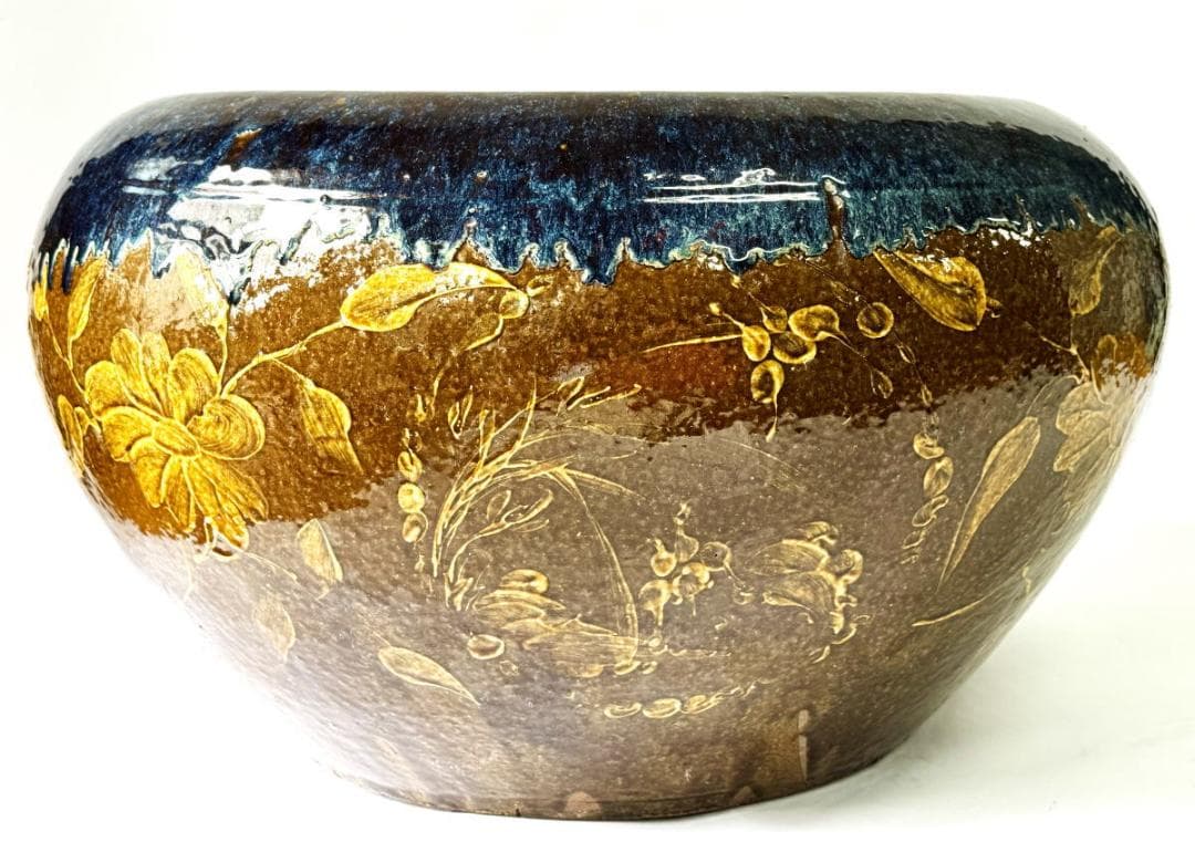 清時代 乾隆・嘉慶年間葛明祥造特注品 海鼠釉黄釉花鳥文火鉢 特大WWTT152