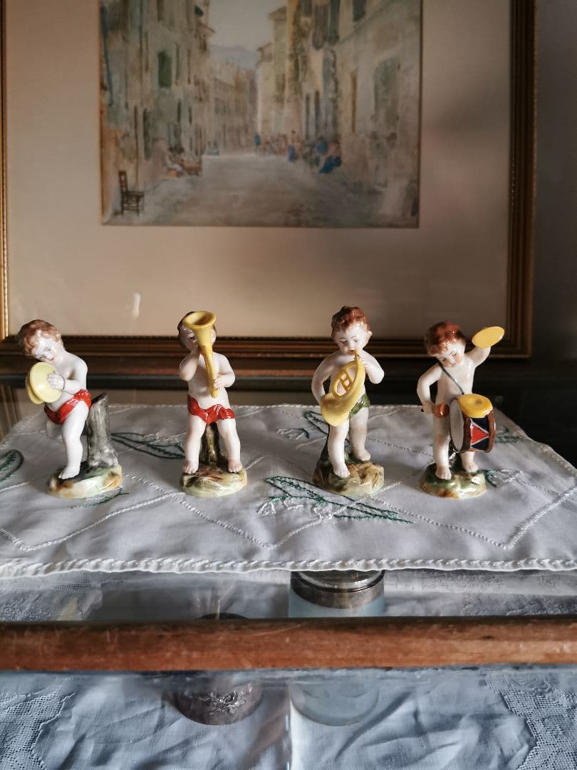 アンティークドイツ子供天使吹奏楽隊フィギュリン ペット＆ホルン＆ドラム＆シンバル
