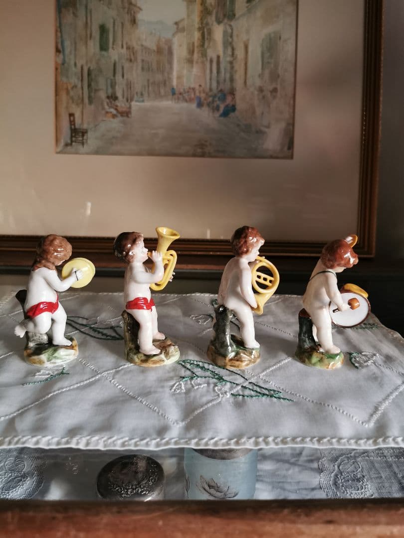 アンティークドイツ子供天使吹奏楽隊フィギュリン ペット＆ホルン＆ドラム＆シンバル