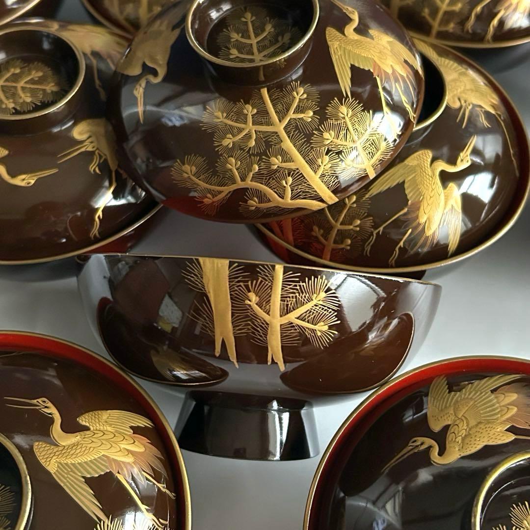 輪島塗　天然木製　松鶴模様 金蒔絵　蓋付き椀 吸物椀　10個セット
