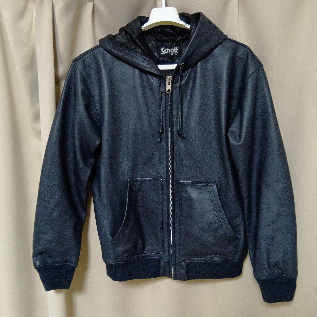 Schott レザーフルジップパーカー ネイビー Lサイズ