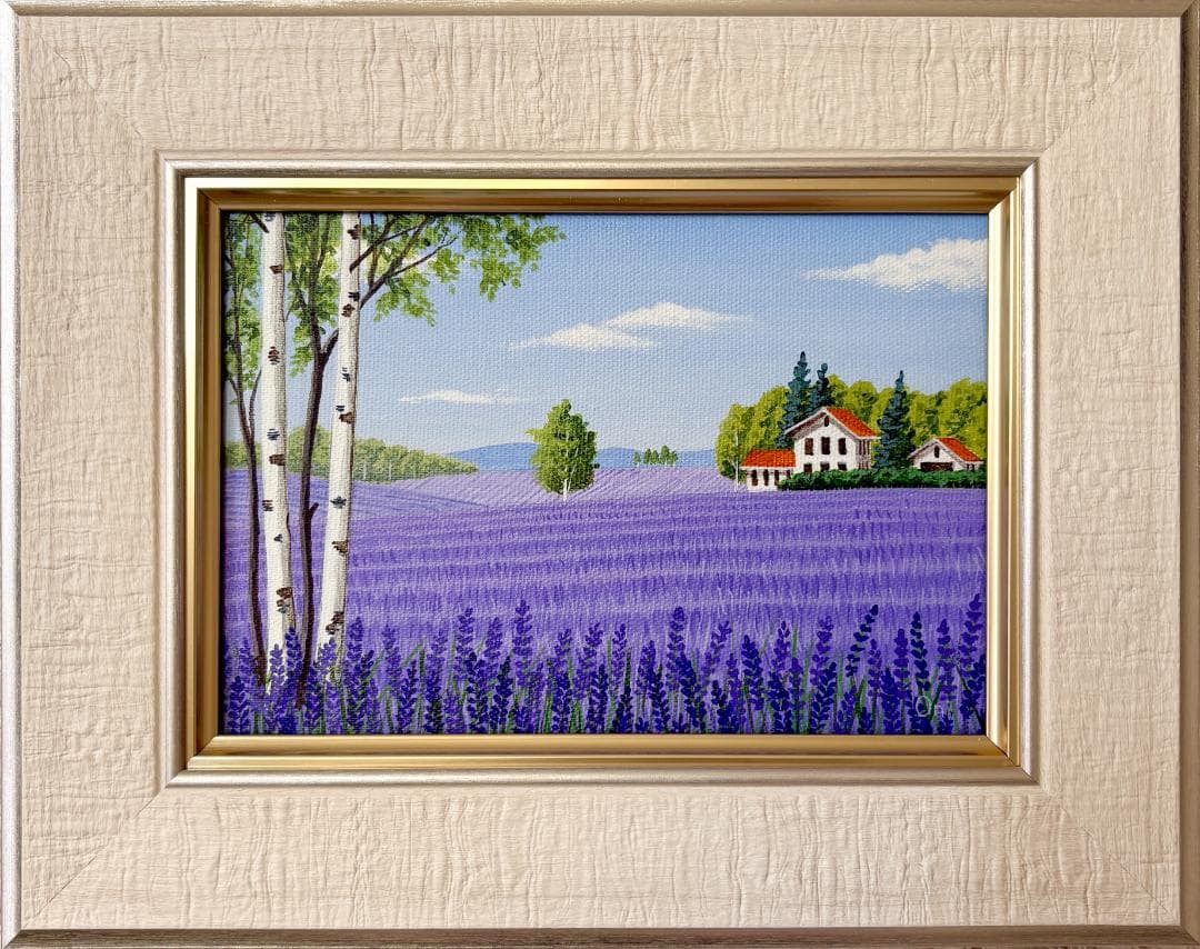 アクリル画　原画　「ラベンダー畑16」額縁付き　SMサイズ　風景画