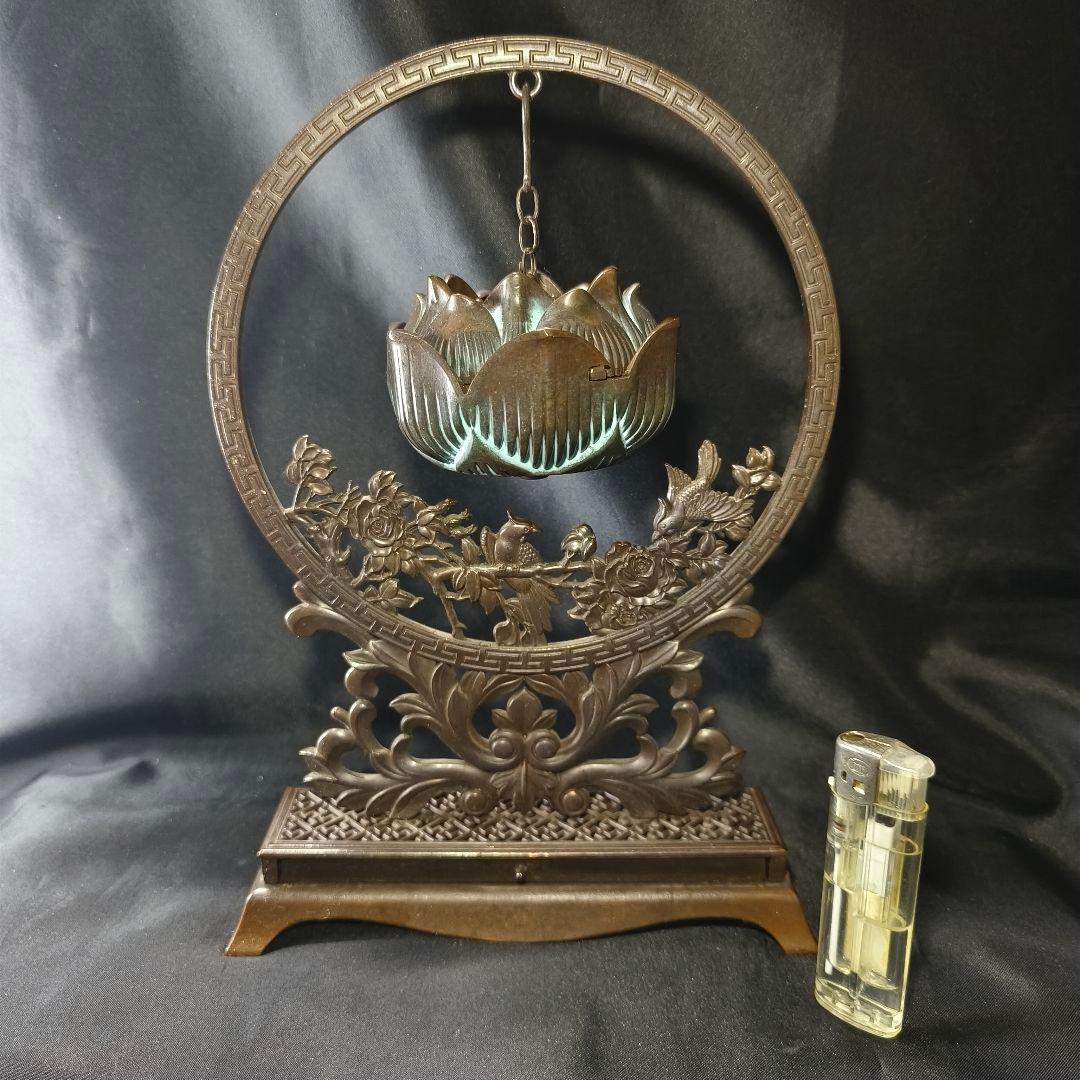 香道具 吊香炉 蓮炉花鳥文 高岡銅器 引出し付 骨董 旧家蔵出し美品 送料無料