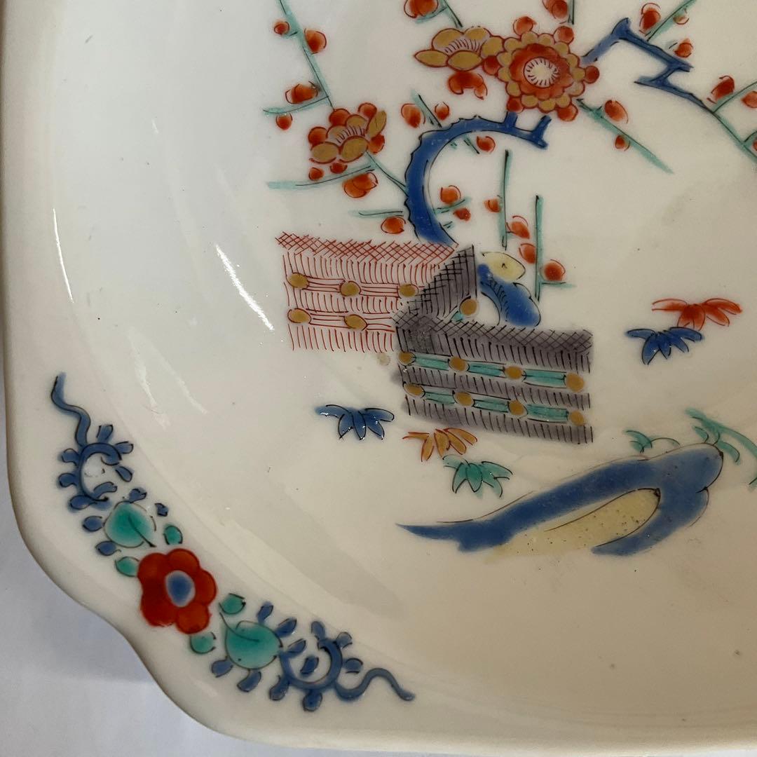 柿右衛門　色絵　梅に柴垣文角皿　五客組　江戸時代後期〜明治時代頃　名品