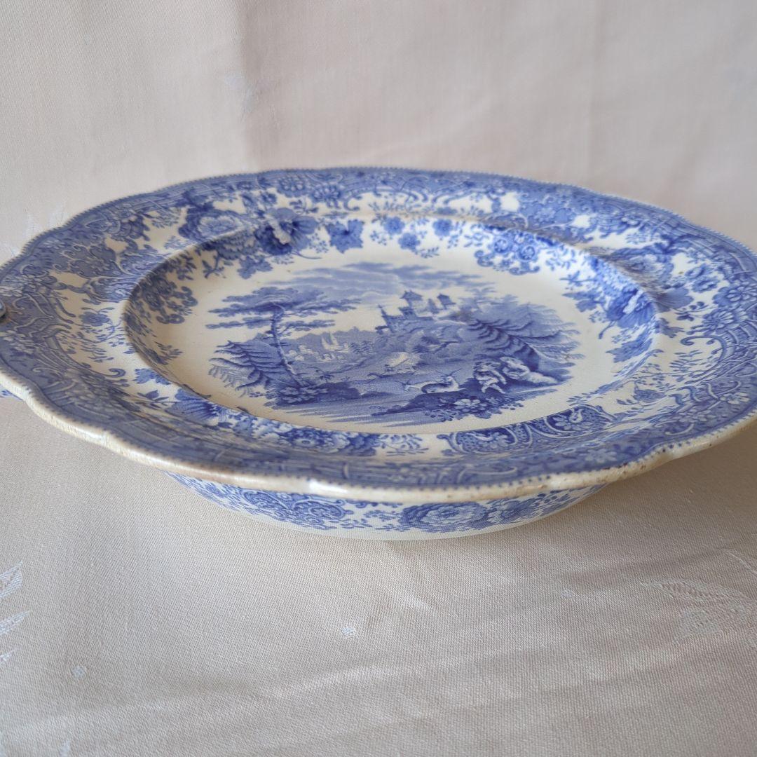 イギリスアンティーク 保温プレート ブルー＆ホワイト 19世紀