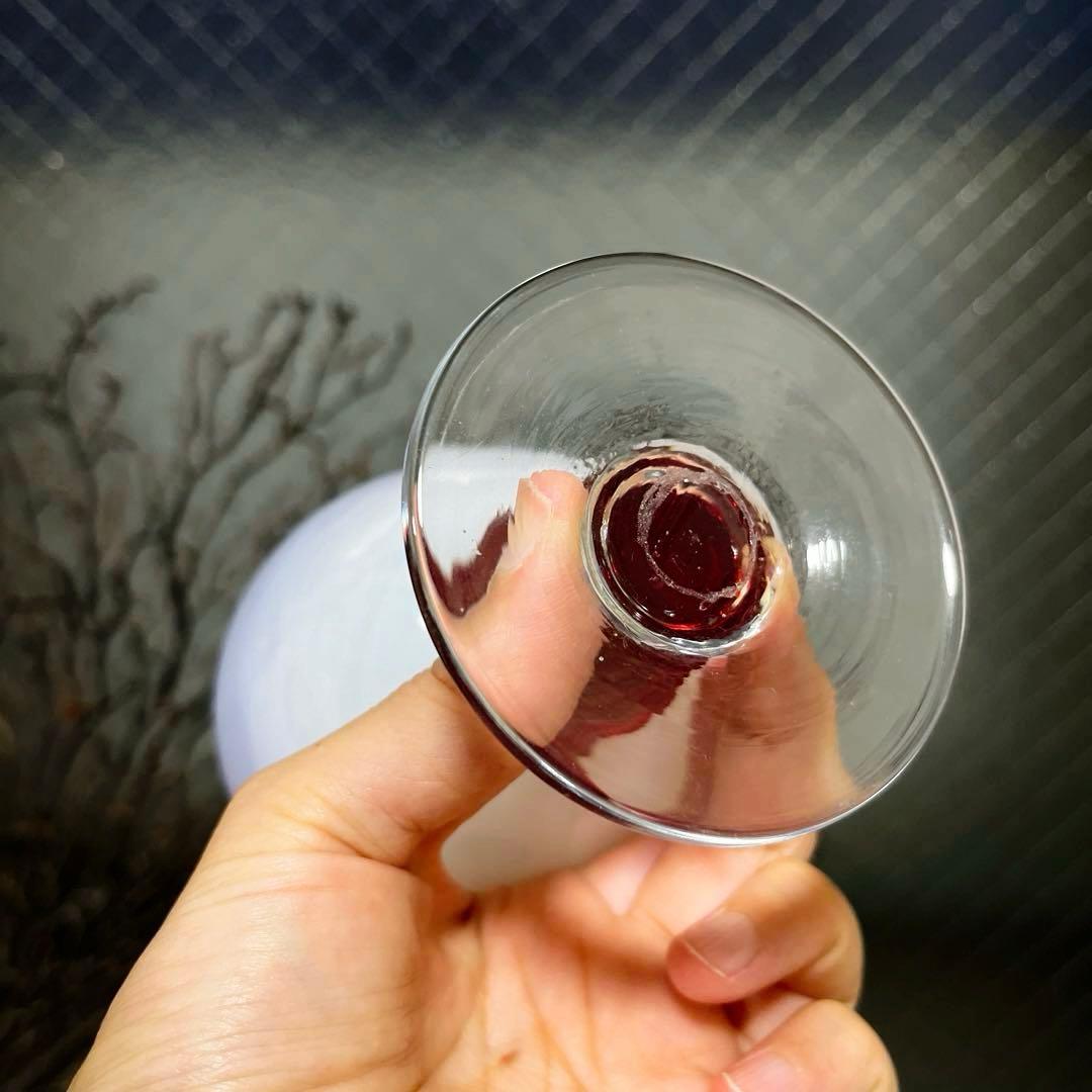 骨董　レトロガラス　赤フチ乳白色暈し　水玉紋　貝巻き脚付　氷コップ　復刻品