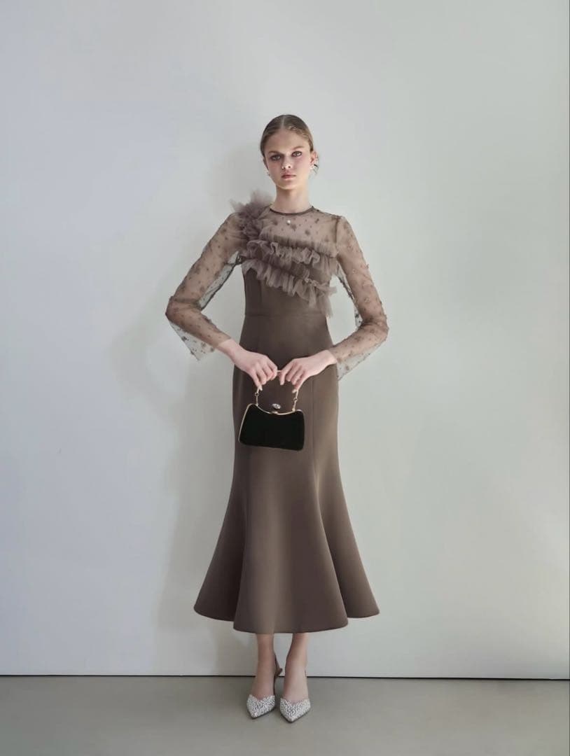 LEJAフラワーモチーフアシンメトリーチュールマーメイドワンピースドレス