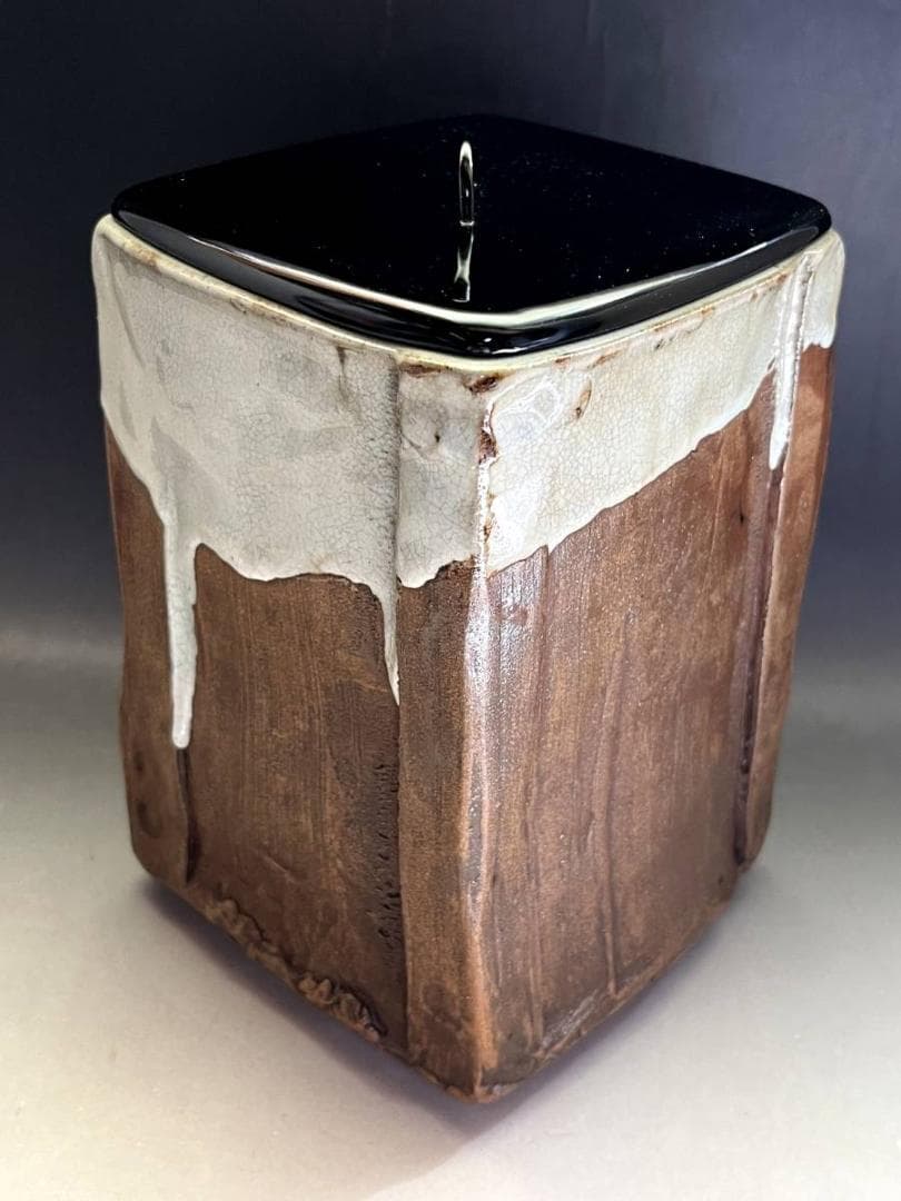 水指■仁清四方水指 三代蔵六識 二代「真清水蔵六」古京焼 白釉涙艮 時代 骨董■