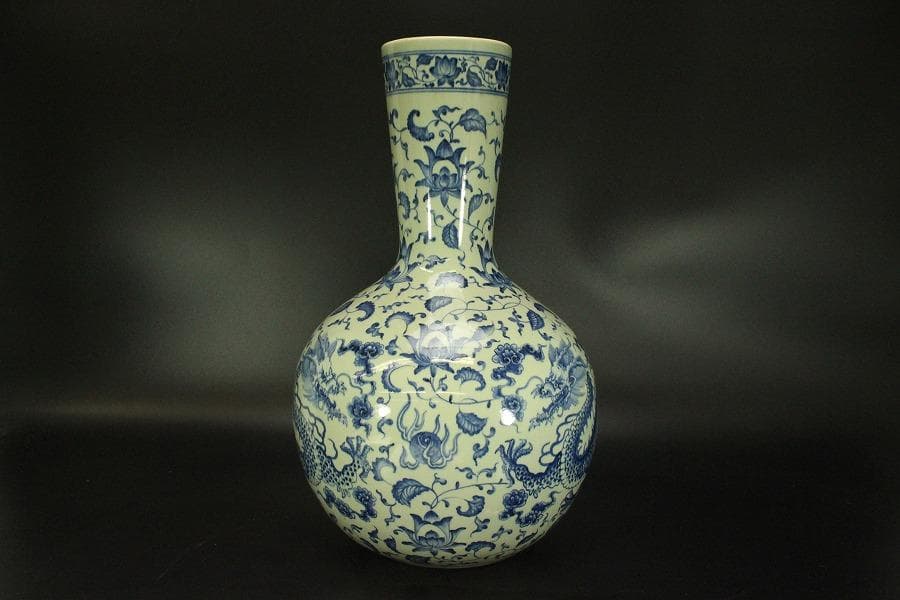 中国美術 青花 纏枝蓮花龍紋 瓶 高44cm(A365)