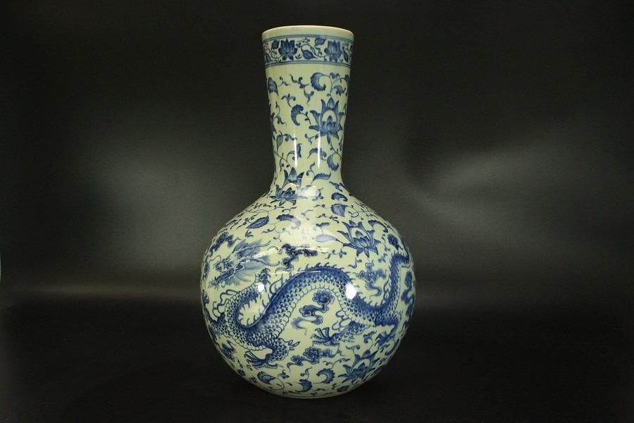 中国美術 青花 纏枝蓮花龍紋 瓶 高44cm(A365)