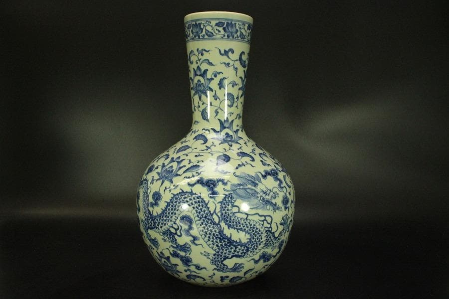 中国美術 青花 纏枝蓮花龍紋 瓶 高44cm(A365)