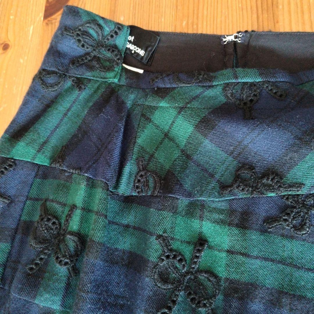 トリココムデギャルソン リボン刺繍チェックフレアースカート AD2017