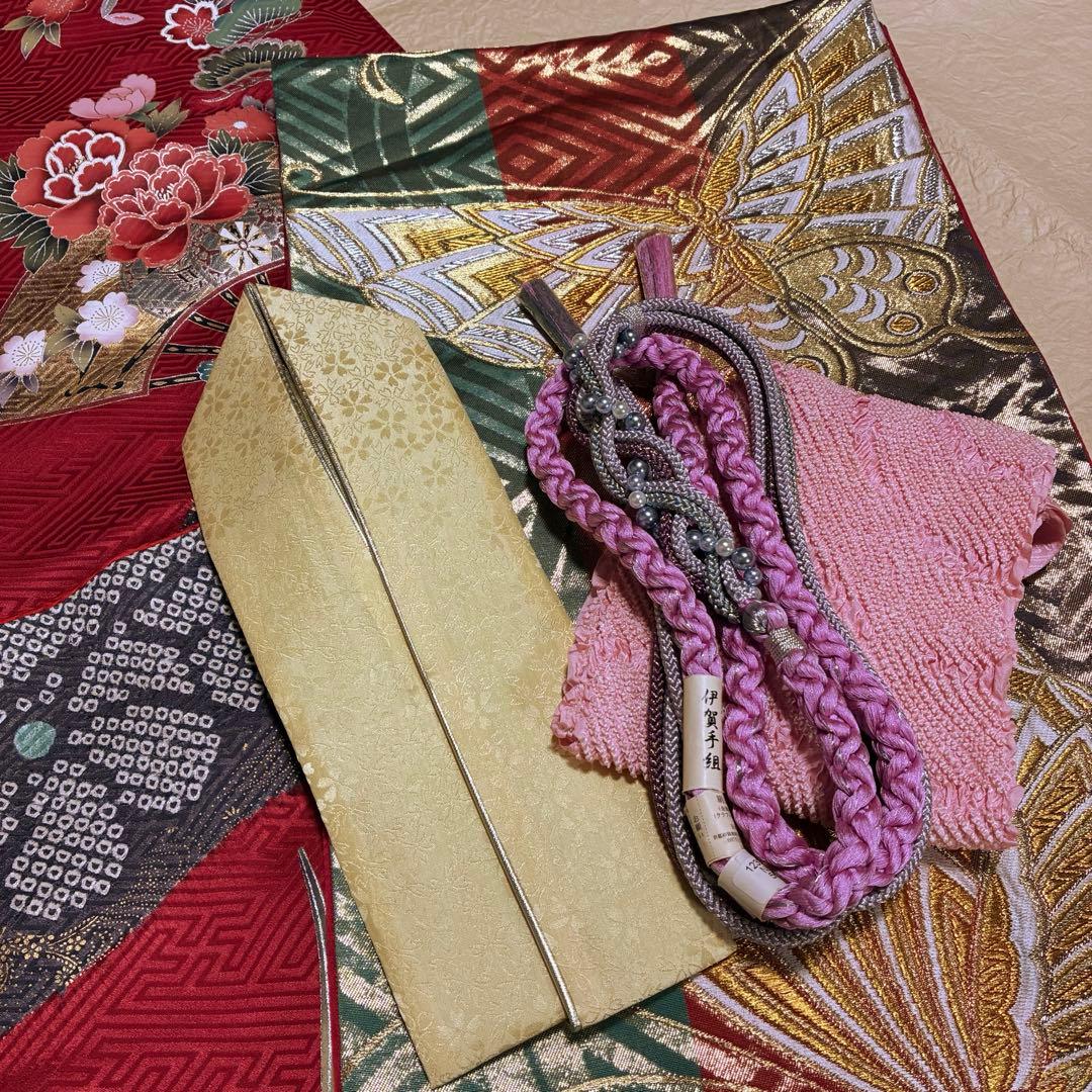⁂なお様⁂【振袖フルセット】 +小物・肌襦袢セット 赤 扇花柄 金駒刺繍
