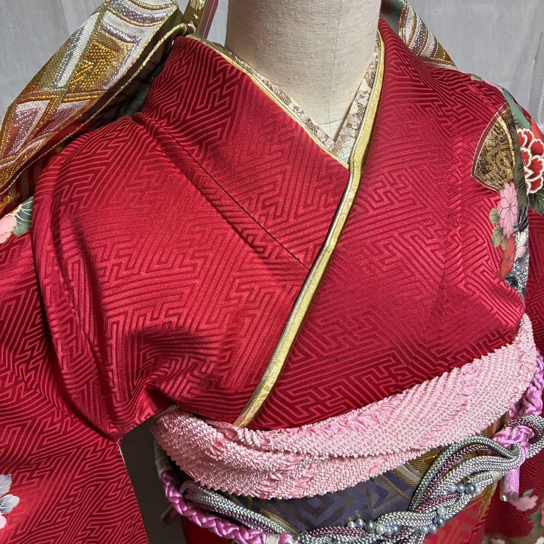 ⁂なお様⁂【振袖フルセット】 +小物・肌襦袢セット 赤 扇花柄 金駒刺繍
