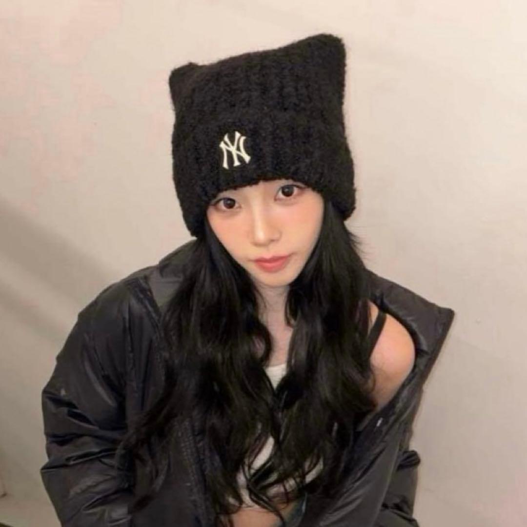 ラスト1点！カリナ着用✨韓国限定　MLB KOREA 猫耳　ニット帽　ブラック