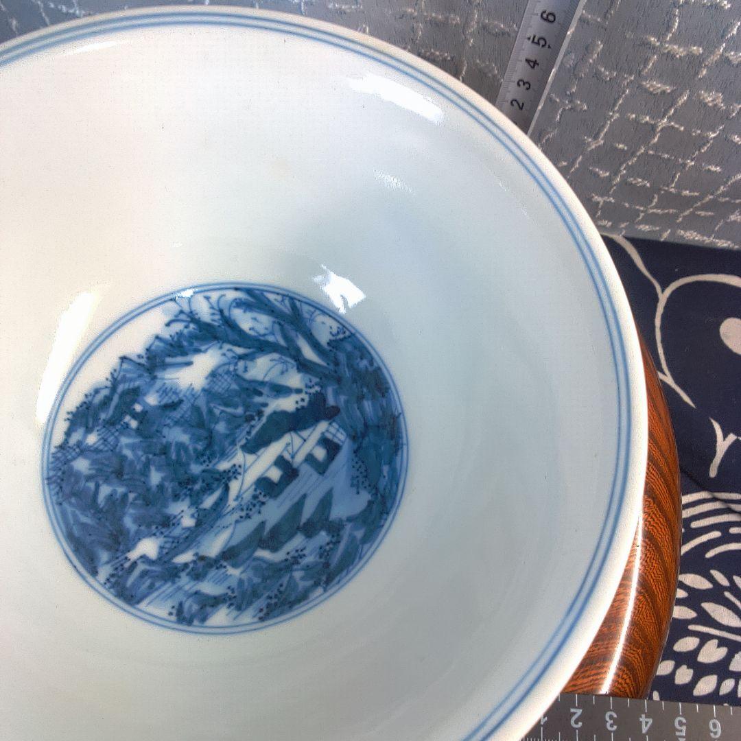 骨董２ 青い風景画の陶器ボウル