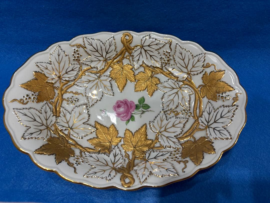 オールドマイセン　グランツゴールドレリーフ皿　ピンクローズ　一級品　アンティーク
