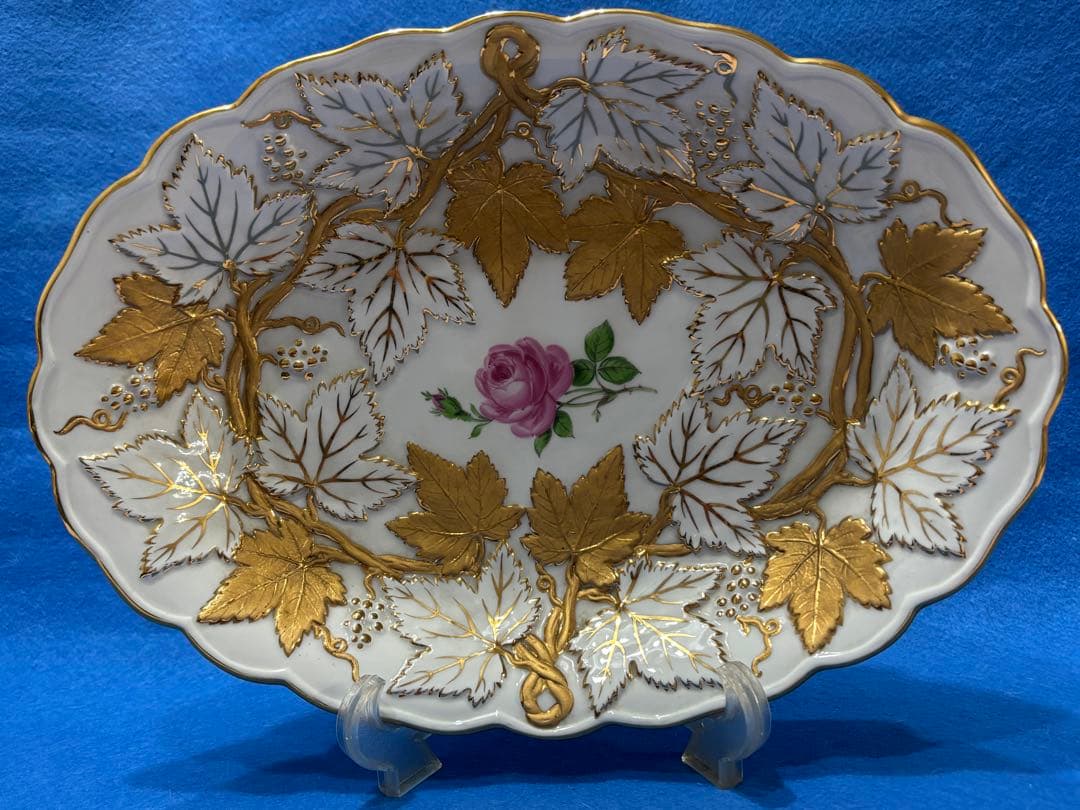 オールドマイセン　グランツゴールドレリーフ皿　ピンクローズ　一級品　アンティーク