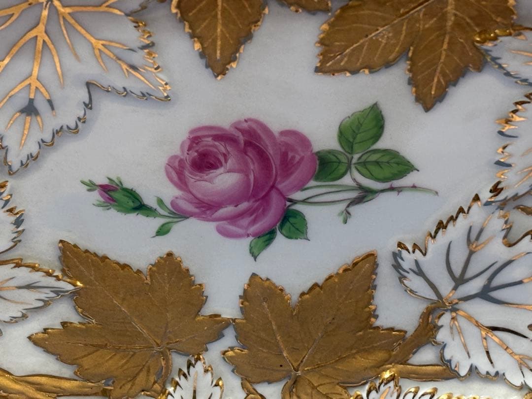 オールドマイセン　グランツゴールドレリーフ皿　ピンクローズ　一級品　アンティーク