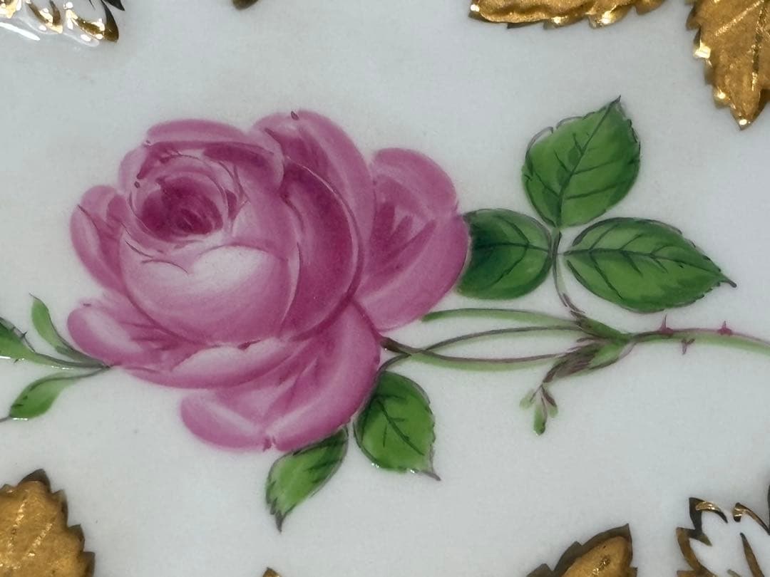 オールドマイセン　グランツゴールドレリーフ皿　ピンクローズ　一級品　アンティーク