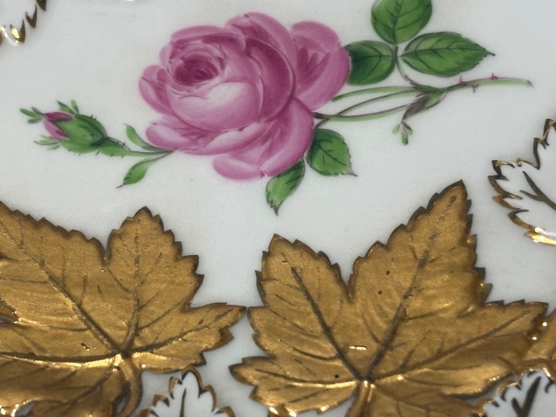 オールドマイセン　グランツゴールドレリーフ皿　ピンクローズ　一級品　アンティーク