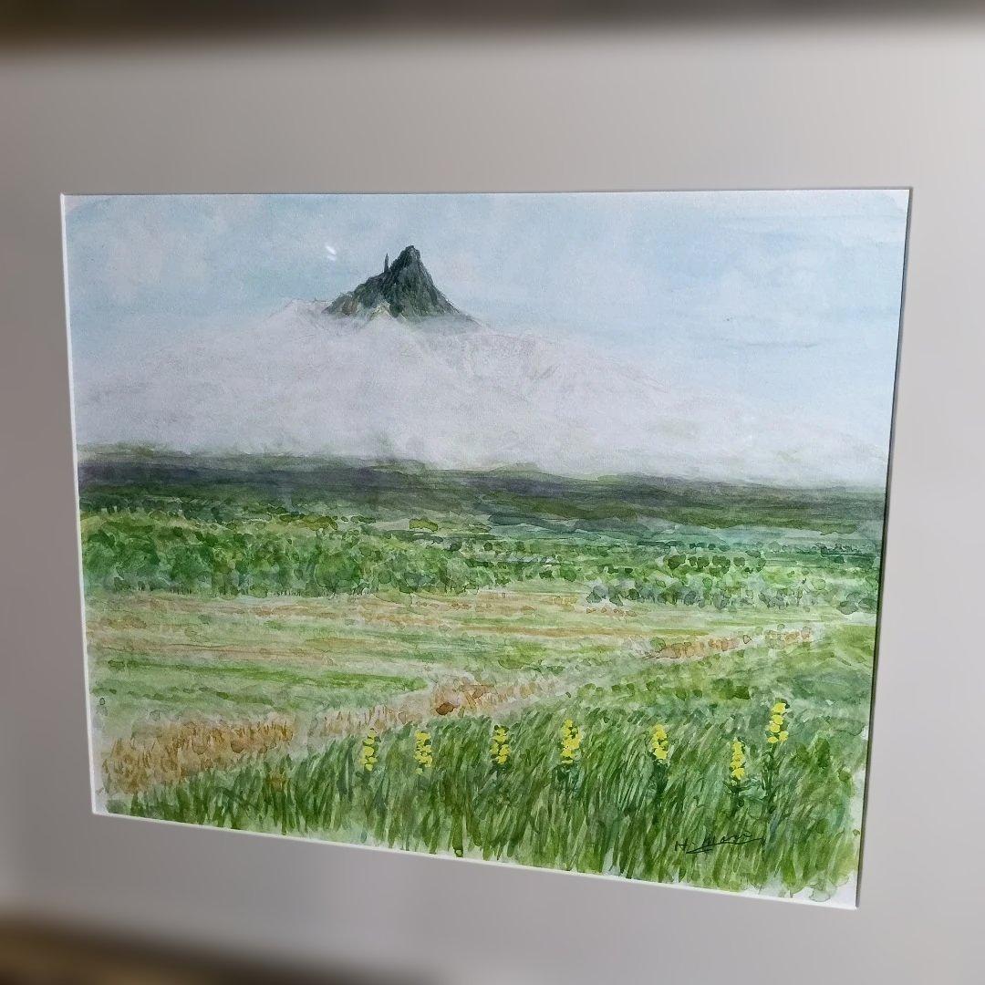 85..月見草と夏の利尻富士、水彩画 山と風景 フレーム付き、１０号