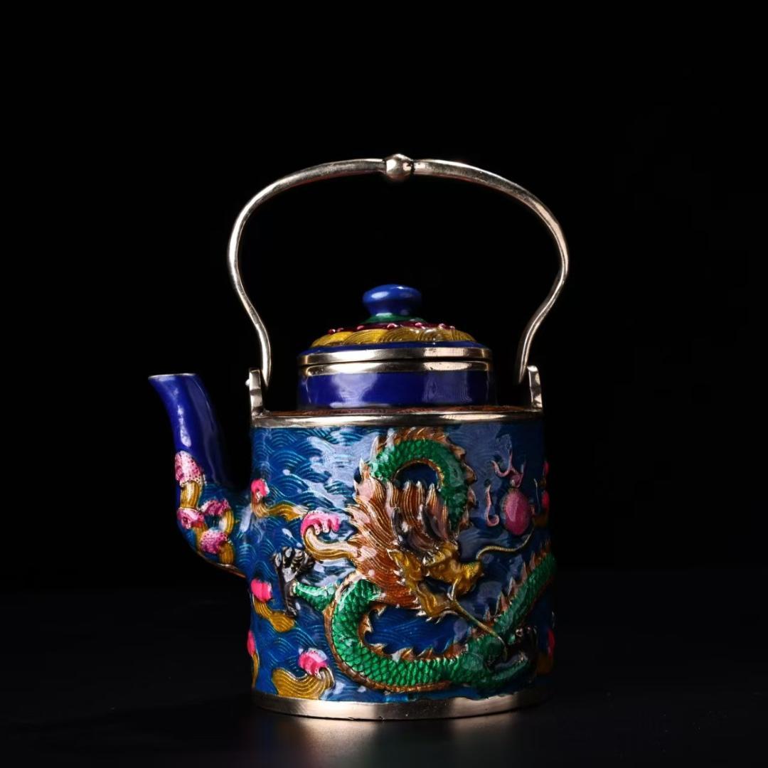 中国古美術『旧蔵 景泰藍盤龍壺』純銅象嵌 琺瑯彩 茶酒壺 酒具 茶道具 急須