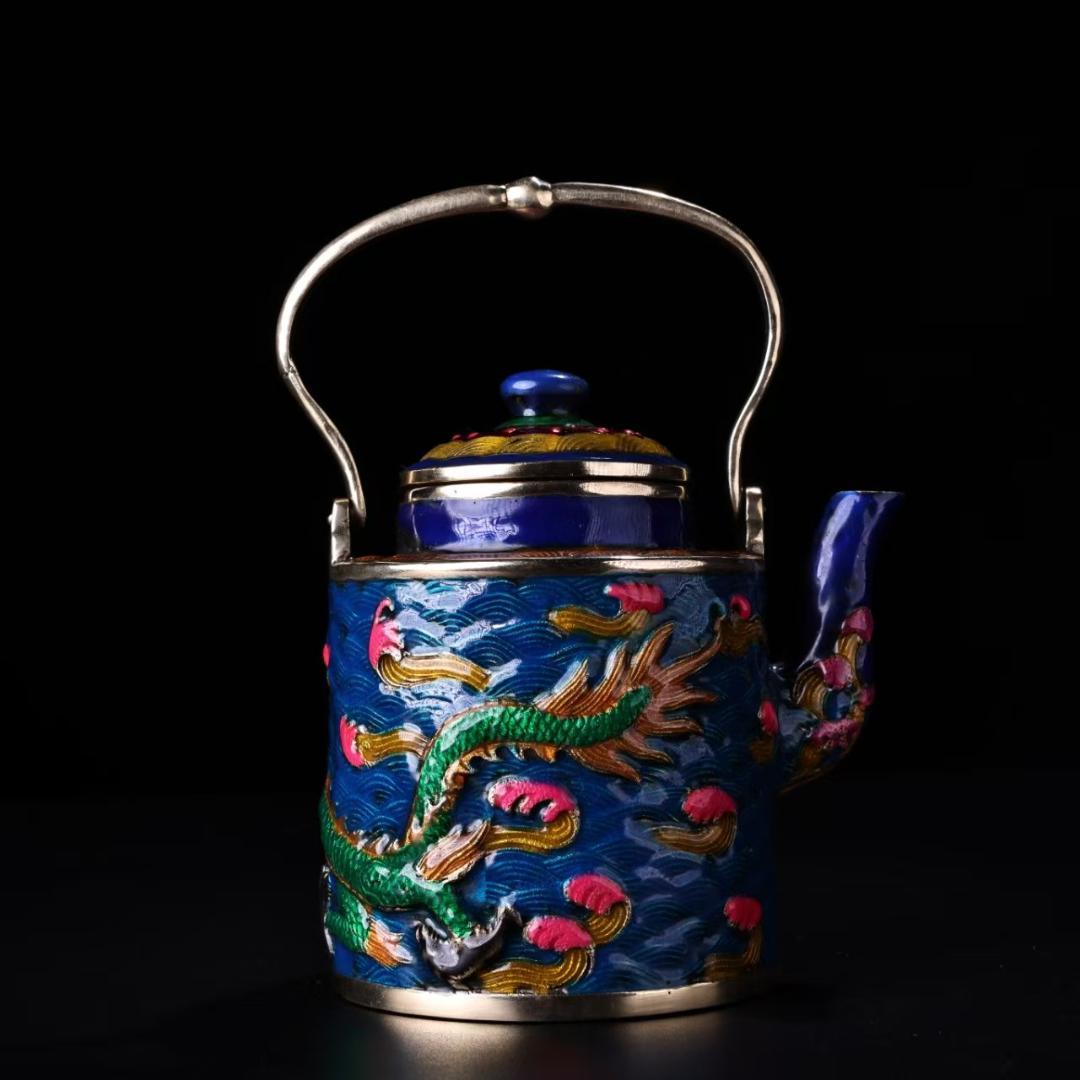 中国古美術『旧蔵 景泰藍盤龍壺』純銅象嵌 琺瑯彩 茶酒壺 酒具 茶道具 急須