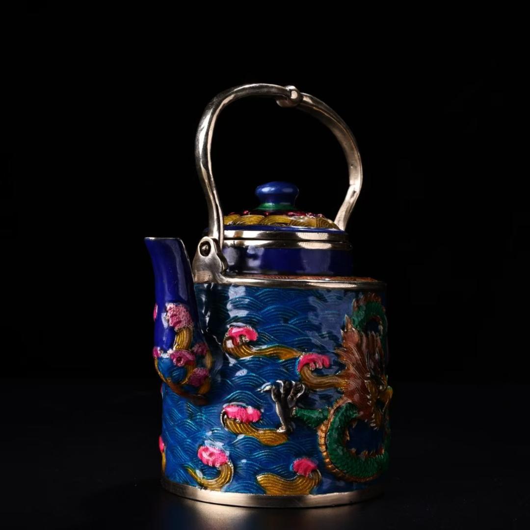 中国古美術『旧蔵 景泰藍盤龍壺』純銅象嵌 琺瑯彩 茶酒壺 酒具 茶道具 急須