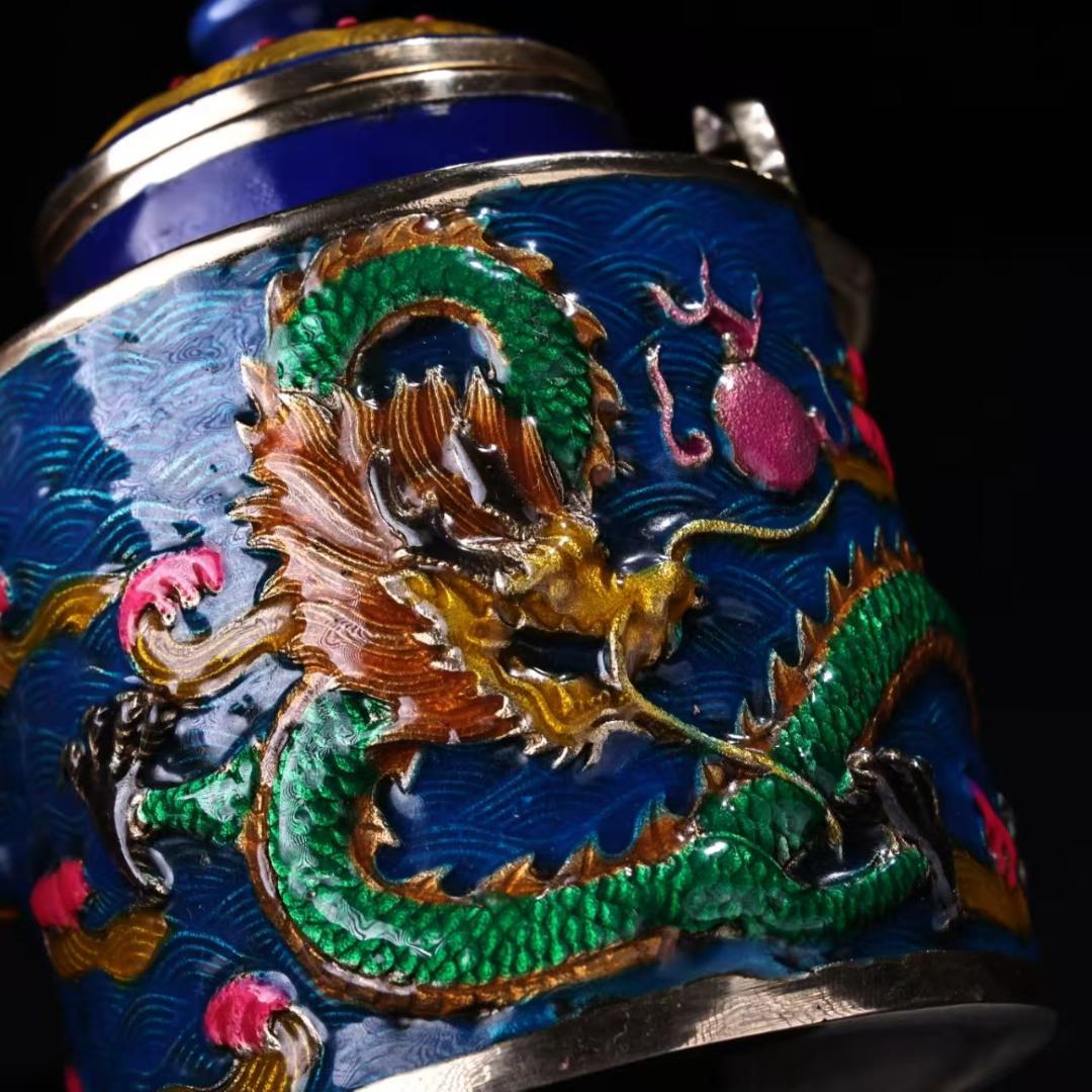 中国古美術『旧蔵 景泰藍盤龍壺』純銅象嵌 琺瑯彩 茶酒壺 酒具 茶道具 急須