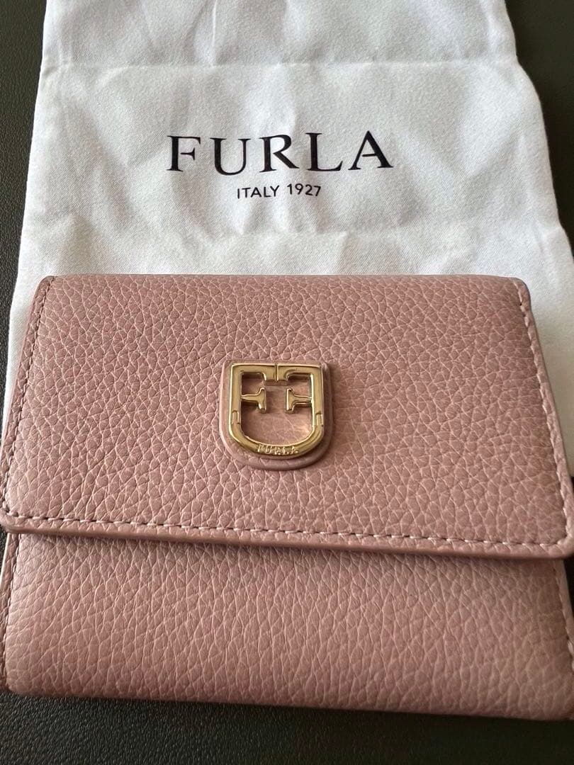 【新品・未使用】FURLA ピンクベージュxブラウン 三つ折り財布保管袋付