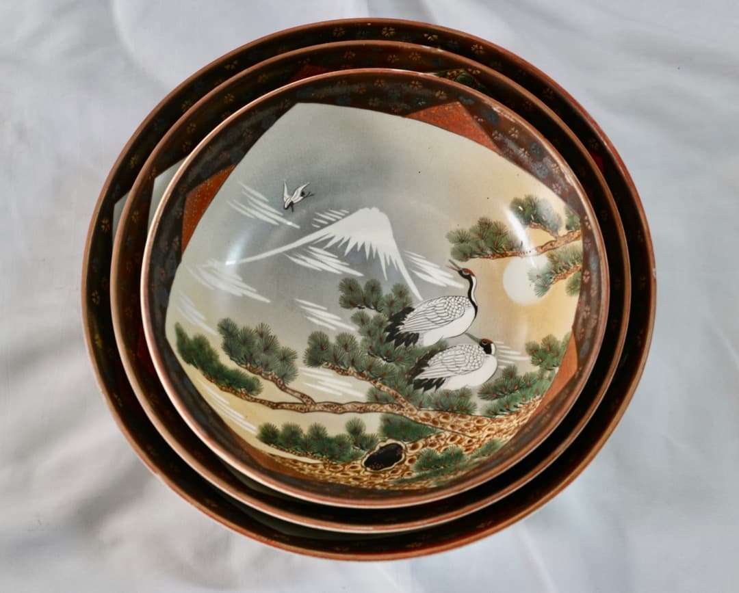 古九谷 九谷焼 三ツ鉢 三ツ丼 三重鉢 重ね鉢 深鉢 鶴松図 富士 色絵