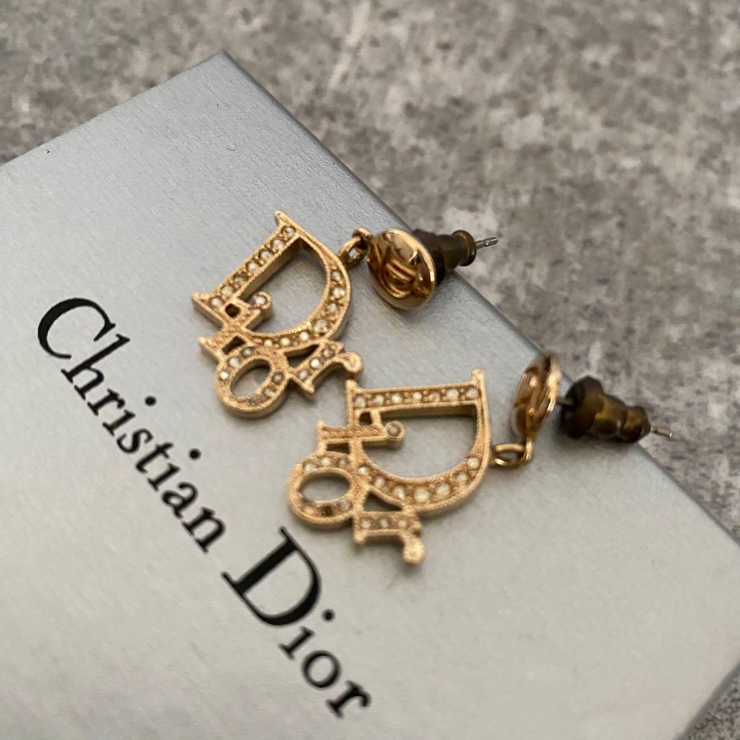 DIOR ディオール　ピアス　ラインストーン　ロゴ　ゴールド