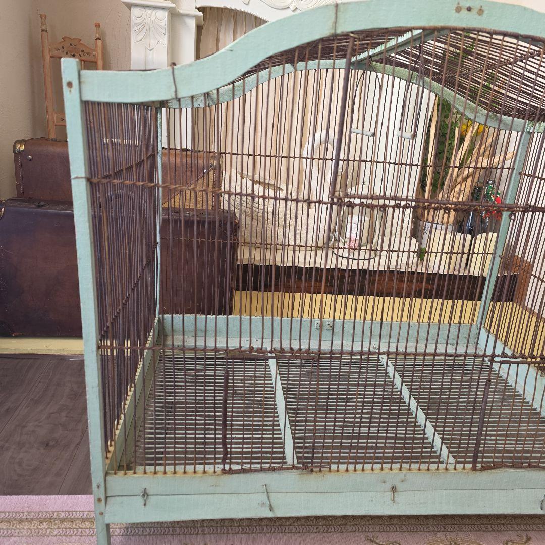 フランスアンティーク　エメラルドグリーン　アーチ　木製　バードゲージ　大型