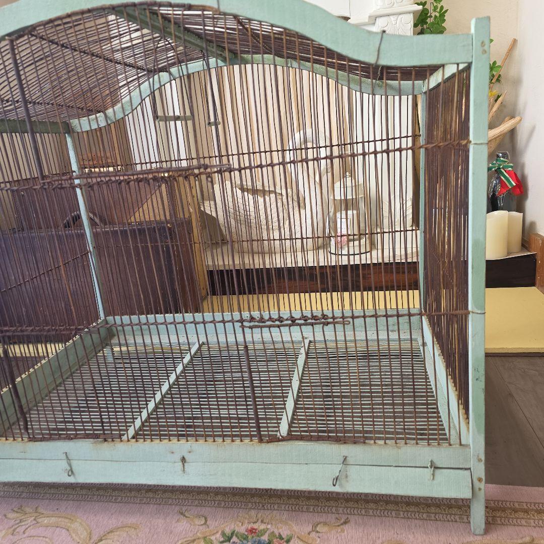 フランスアンティーク　エメラルドグリーン　アーチ　木製　バードゲージ　大型