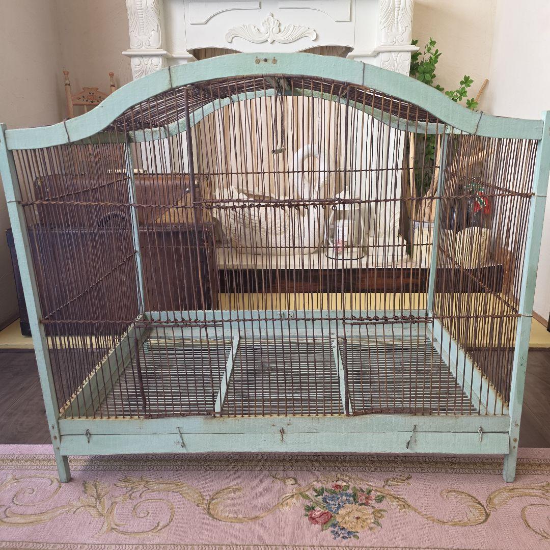 フランスアンティーク　エメラルドグリーン　アーチ　木製　バードゲージ　大型